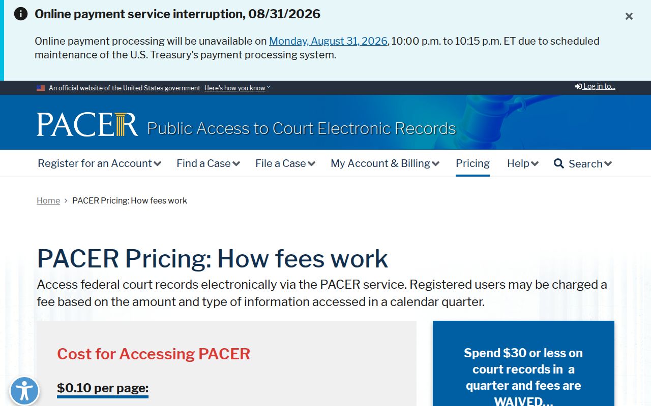 Columbus County court case records PACER pricing source