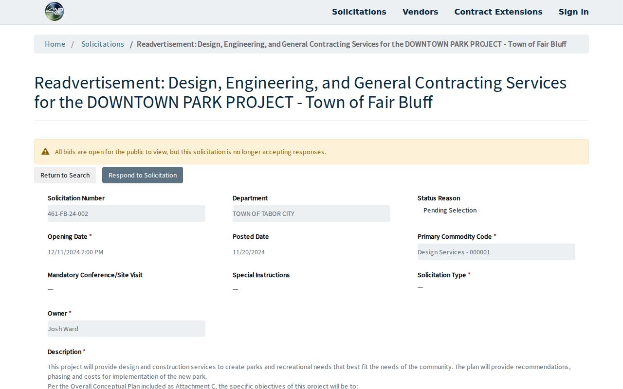 North Carolina eProcurement Fair Bluff solicitation record