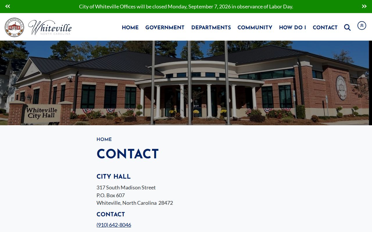 Whiteville official city contact page